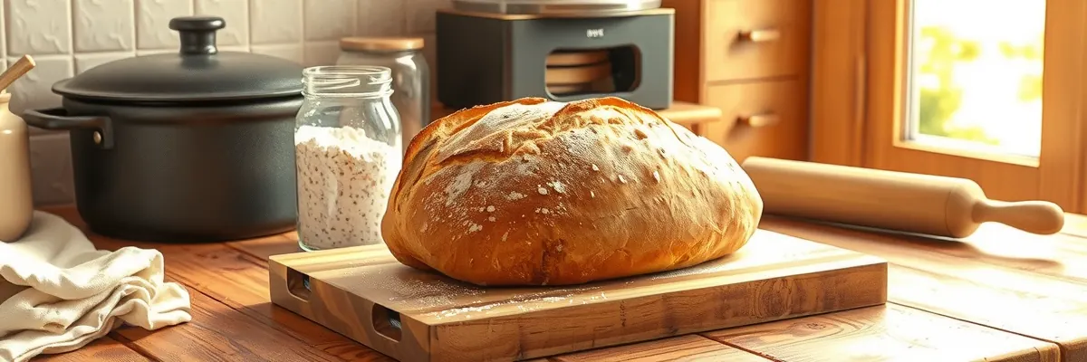 Sourdough bread, bannetons, and baking tools on a kitchen bench.